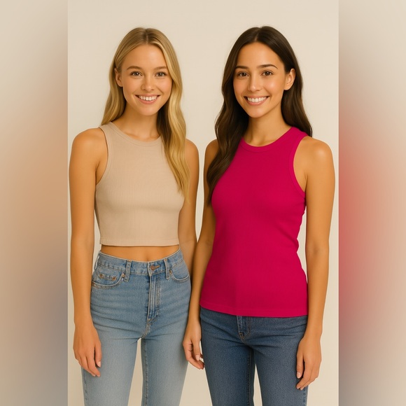 THAKOON Crewneck Ribbed Tank Crop Top Lot of 2 Dusty Hot Pink Pullover Small NEW - Picture 1 of 8